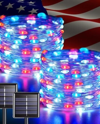 2 Pack Red White and Blue Solar Lights, Each 100 LED 33FT  Lights Outdoor Waterproof, 4th of July Solar String Lights for Independence Day Outside Decorations