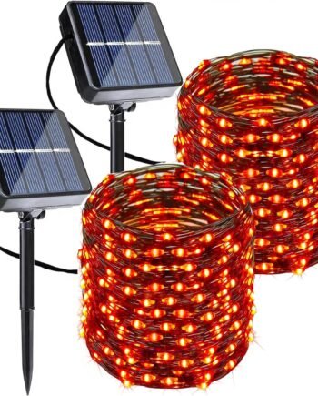 Orange Halloween Solar String Lights - 2 Pack Total 80FT 240LED  Lights, Waterproof Outdoor Twinkle Lights with 8 Modes for Garden, Porch, Trees, Halloween Decor (Black Wire)