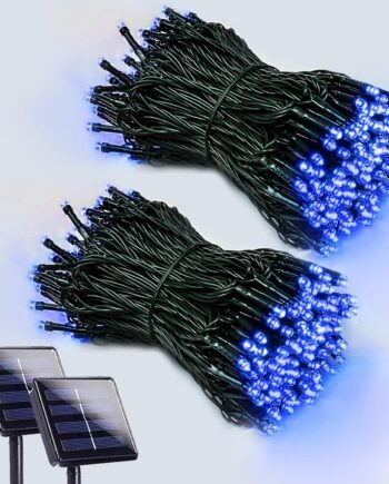 2 Pack 200 LED Solar String Lights Outdoor, Solar Christmas Lights with 8 Lighting Modes, Waterproof Green Wire Solar Tree Lights for Outside Xmas Wedding Party Garden Patio Yard Decorations (Blue)